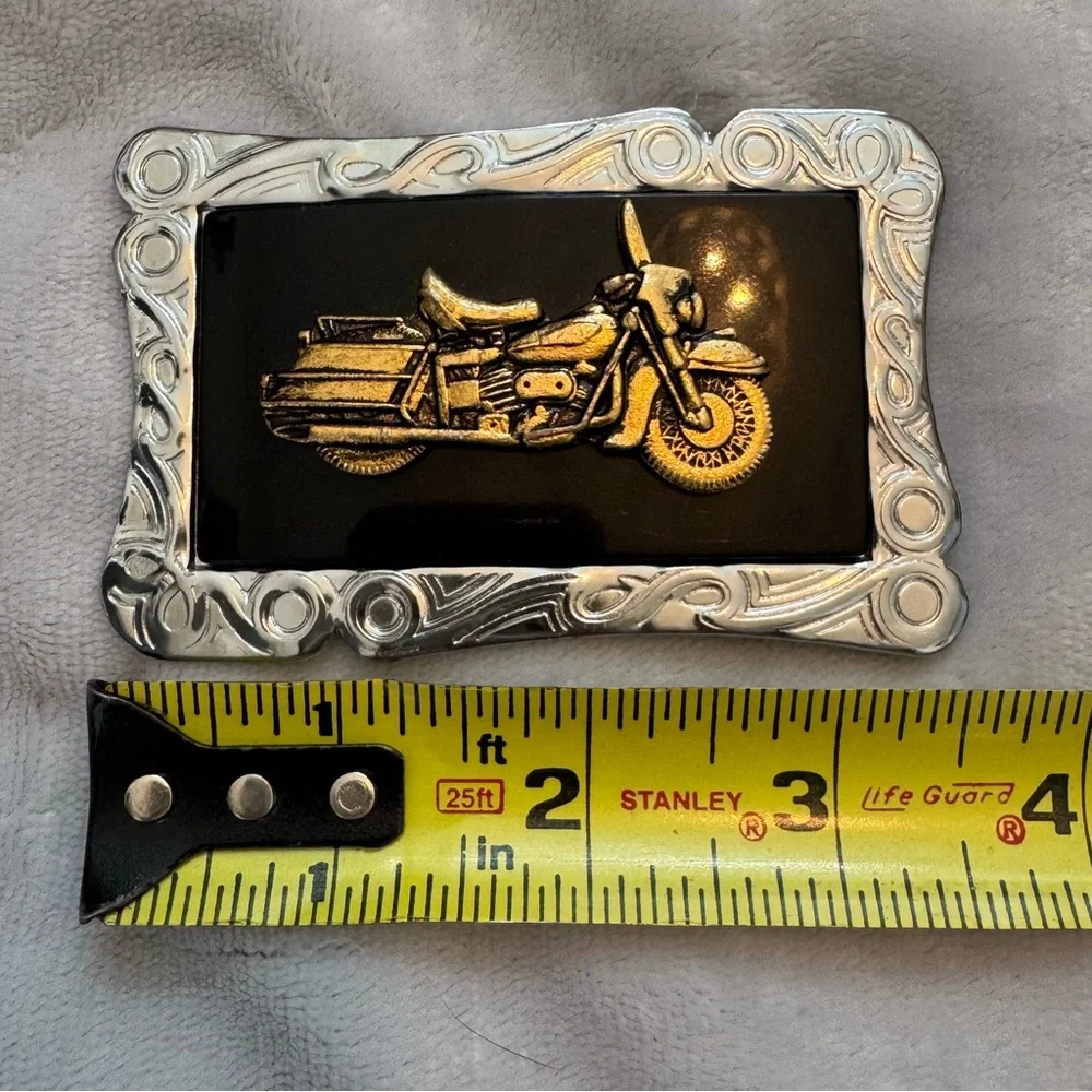 Vintage Baun Belt Buckle Motorcycle‎ Design Black Enamel Silver Frame 3.5”